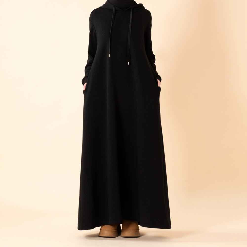 Elegant French Terry Abaya Hoodie With Pockets - Comfort & Style