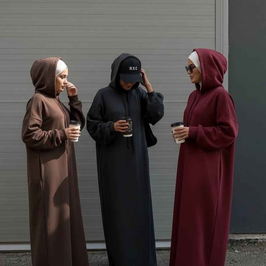 Elegant French Terry Abaya Hoodie With Pockets - Comfort & Style