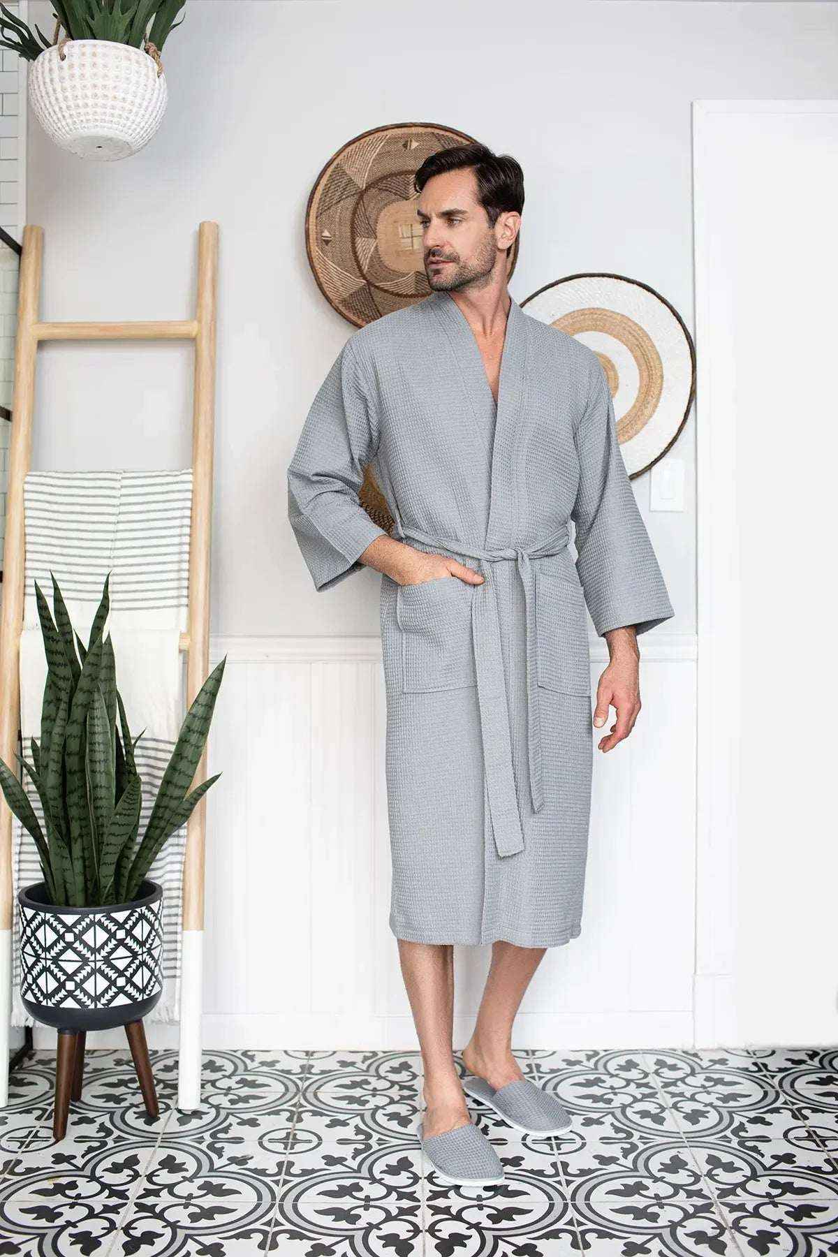 Men's Waffle Spa Bathrobe - Quick Dry, Lightweight Kimono