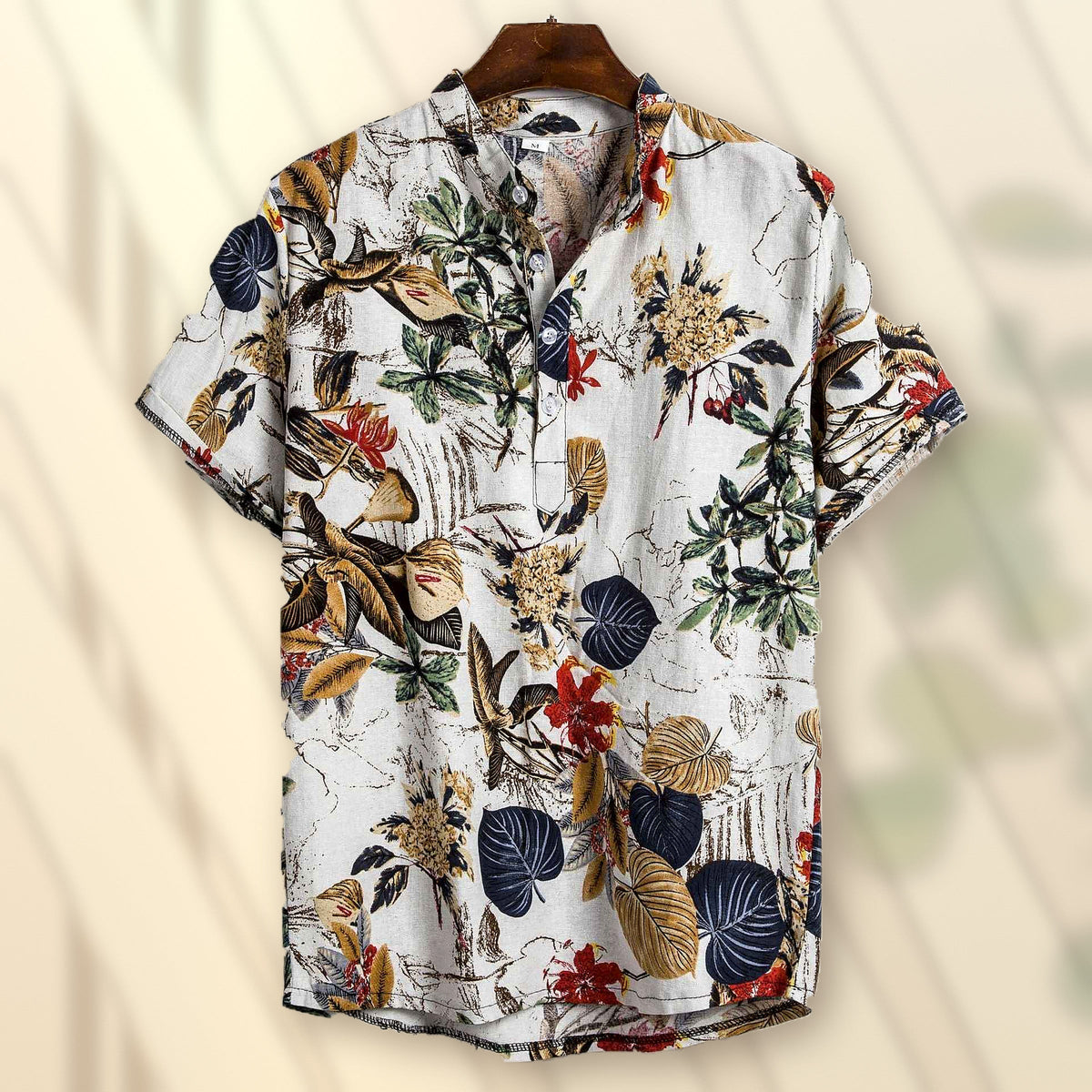 Vintage botanical floral shirt front view, warm premium product photography