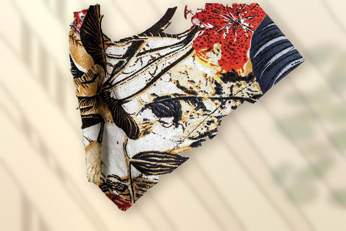 Botanical floral shirt sleeve print and stitching close-up