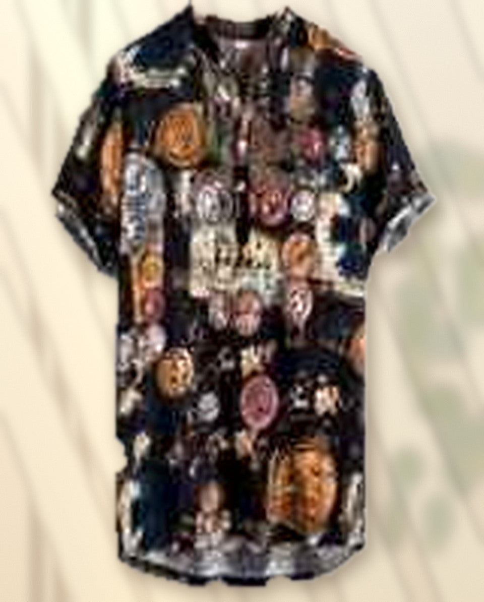Marine color variant circular abstract botanical print short sleeve button-up