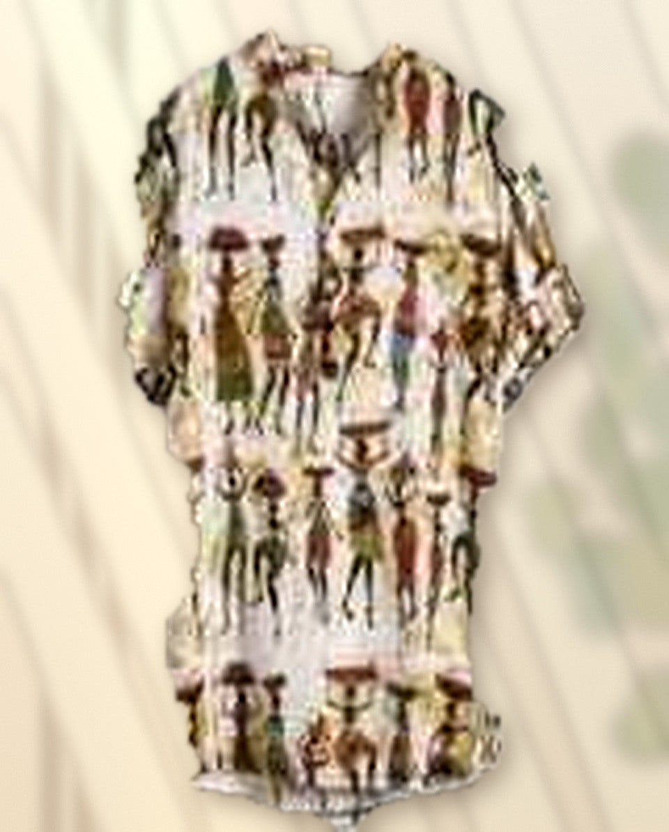 Orange variant cream shirt with multicolor illustrated figures print