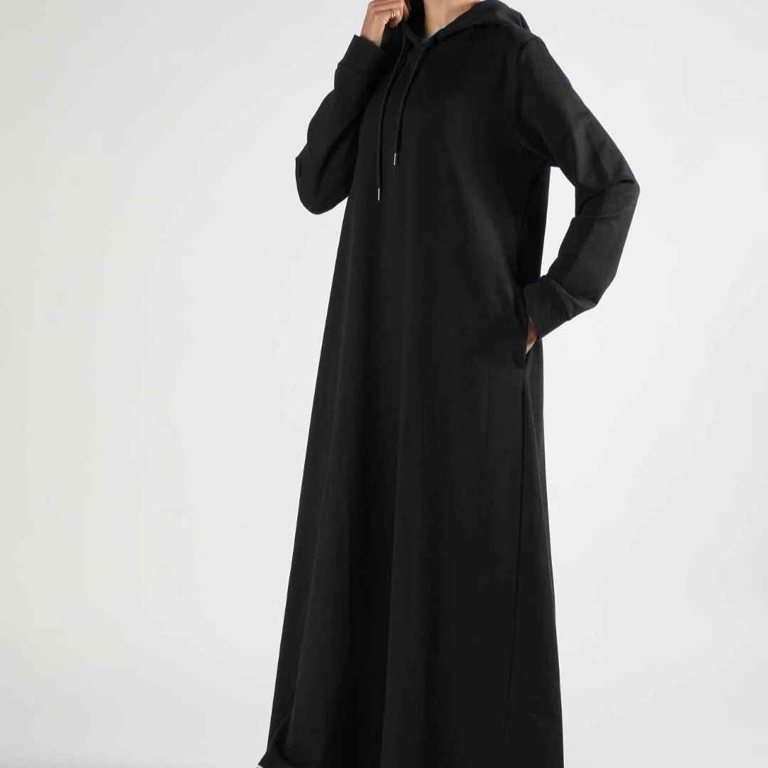 Elegant French Terry Abaya Hoodie With Pockets - Comfort & Style
