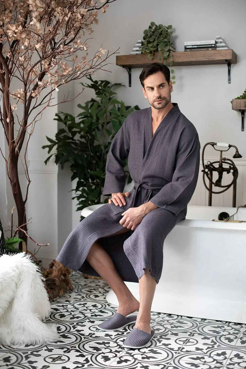 Men's Waffle Spa Bathrobe - Quick Dry, Lightweight Kimono