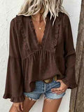 Lace Ruffle V-Neck Blouse: Women's Flowy Long Sleeve Babydoll Top