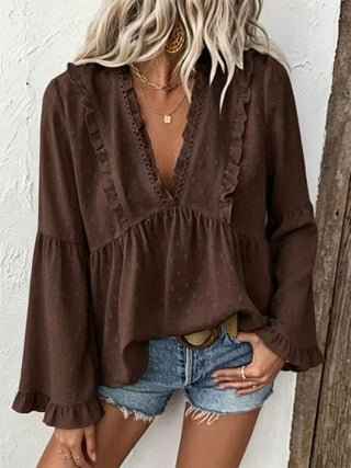 Lace Ruffle V-Neck Blouse: Women's Flowy Long Sleeve Babydoll Top