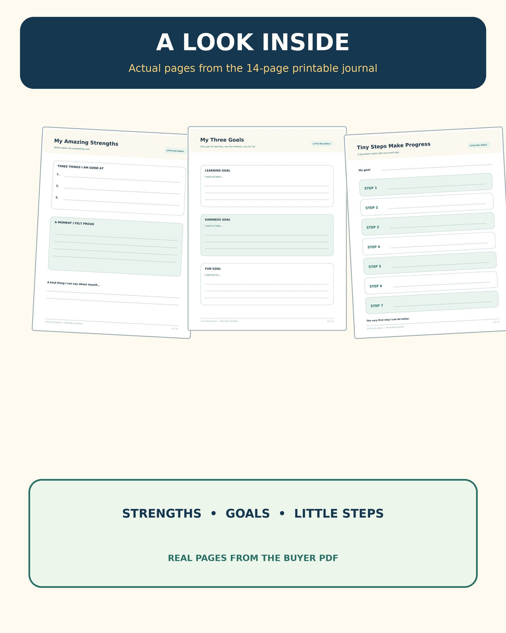 Actual strength journal three-goals and small steps worksheets from Little Big Goals buyer PDF