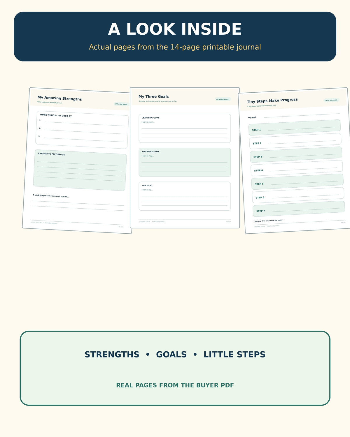 Actual strength journal three-goals and small steps worksheets from Little Big Goals buyer PDF