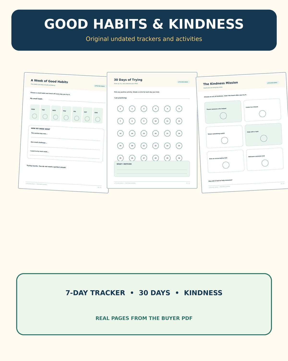 Actual 7-day 30-day trackers and kindness challenge worksheets from Little Big Goals PDF