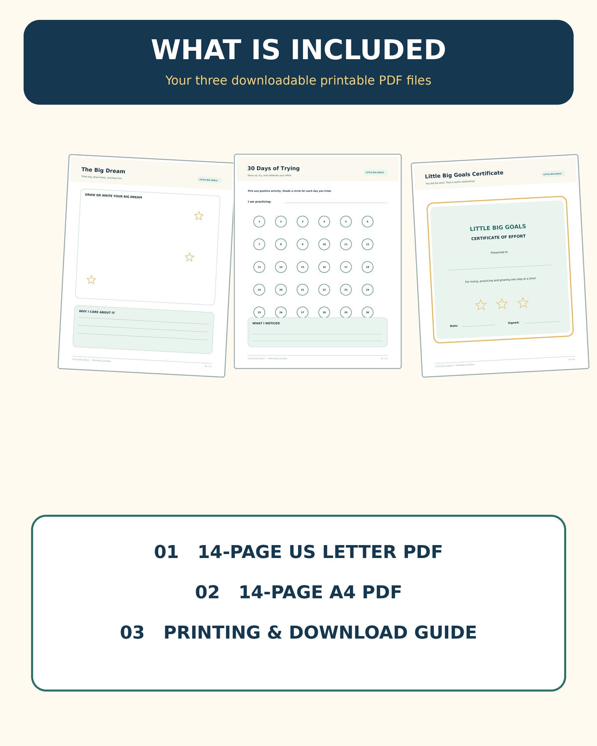 Three PDF files included 14-page US Letter 14-page A4 and printing guide