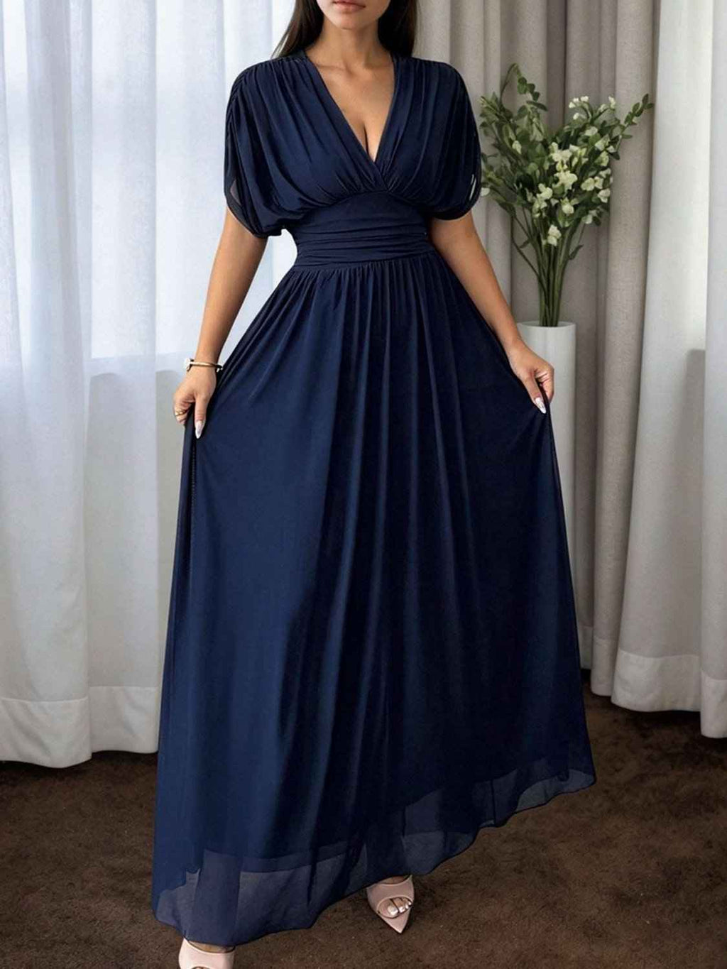 Long Flared Dress With Pleats At The Waist