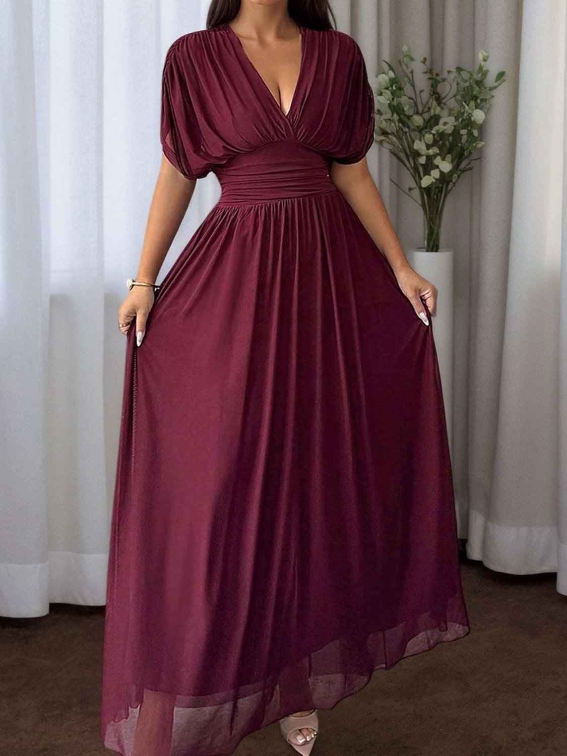 Long Flared Dress With Pleats At The Waist