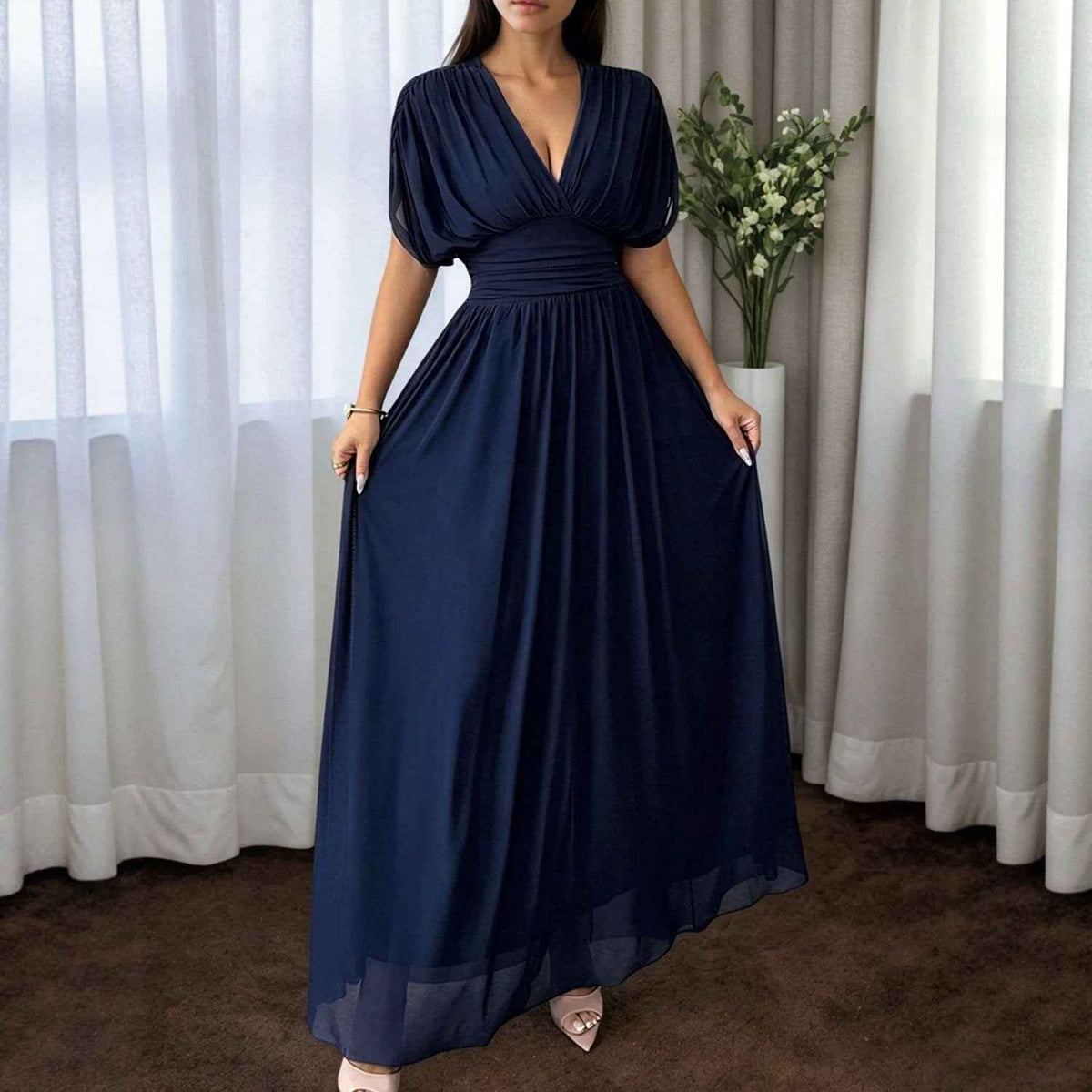 Long Flared Dress With Pleats At The Waist