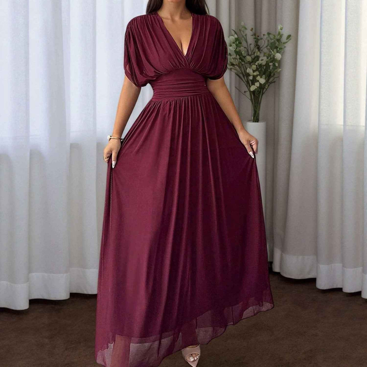 Long Flared Dress With Pleats At The Waist
