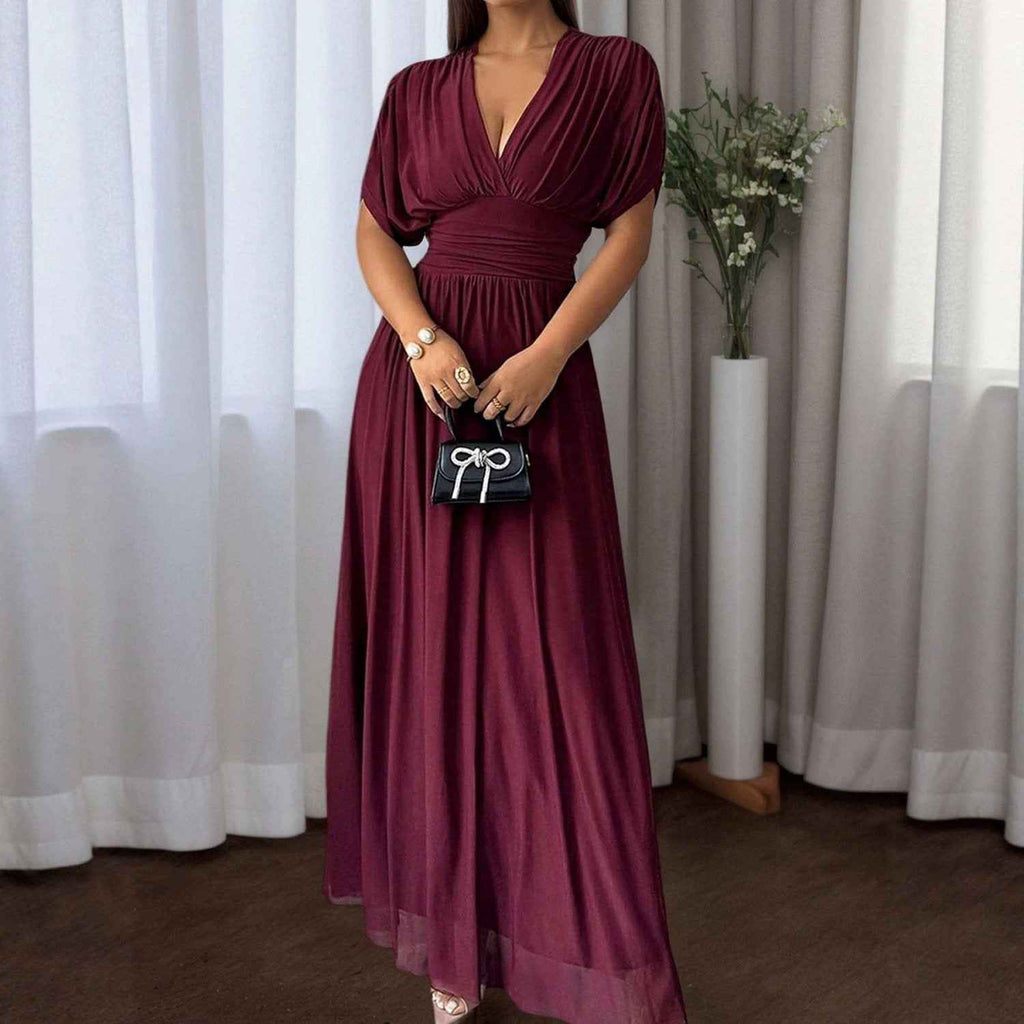 Long Flared Dress With Pleats At The Waist