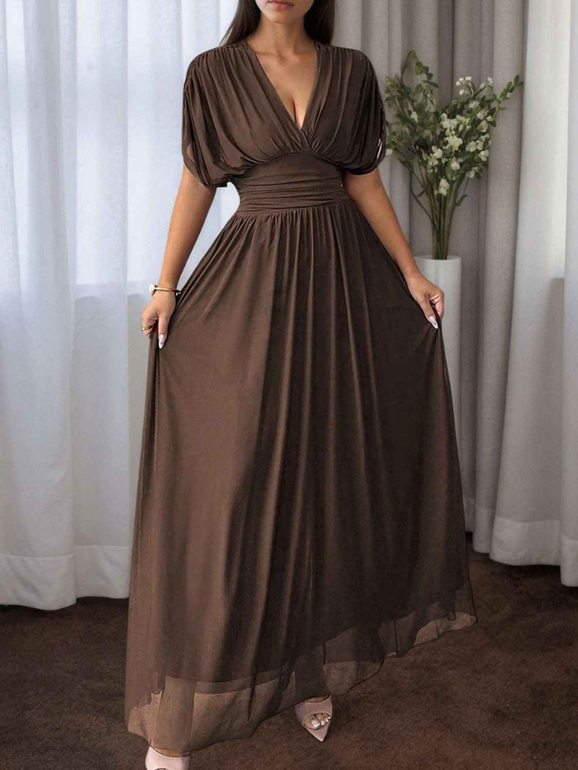 Long Flared Dress With Pleats At The Waist