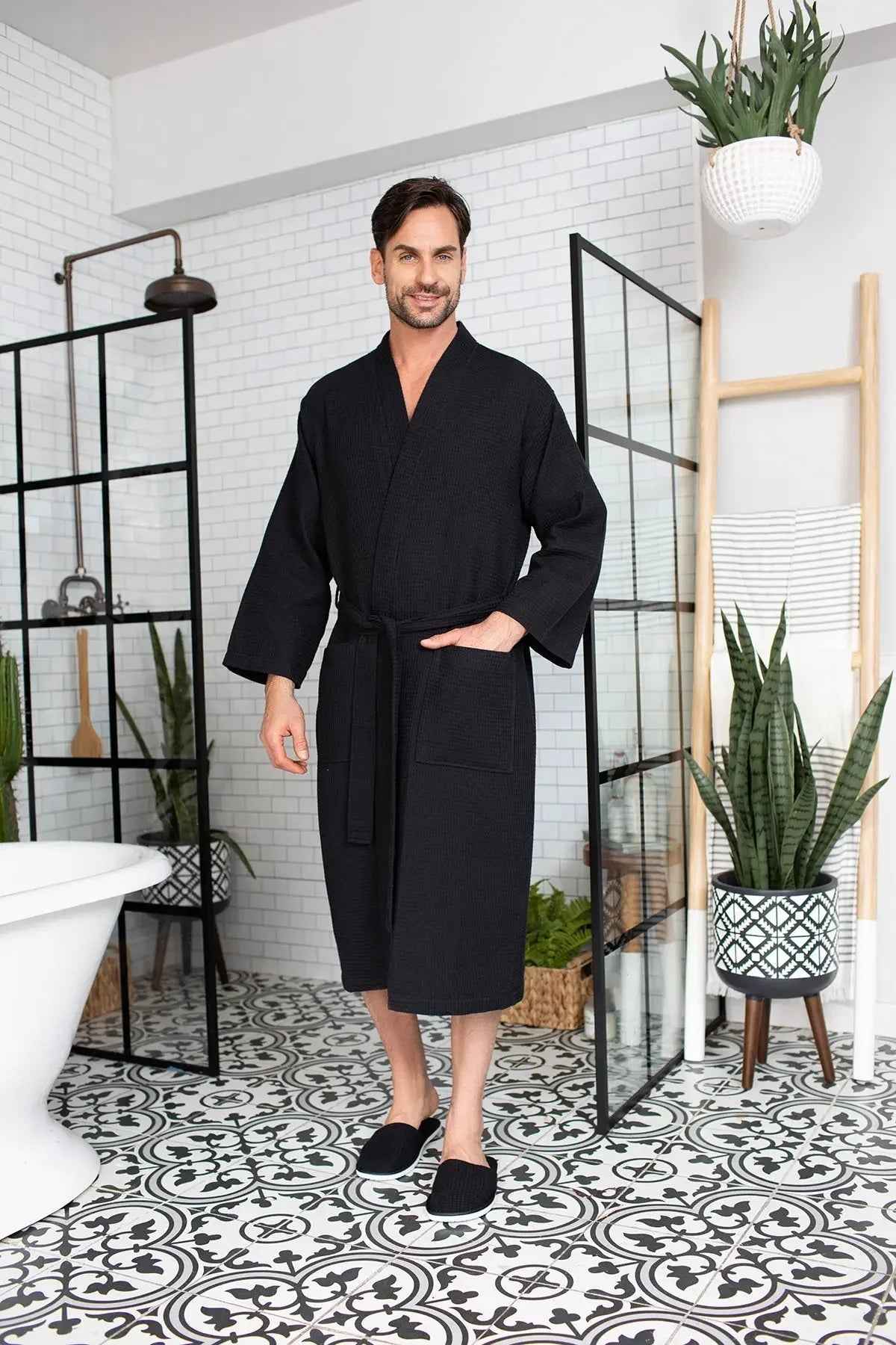 Men's Waffle Spa Bathrobe - Quick Dry, Lightweight Kimono