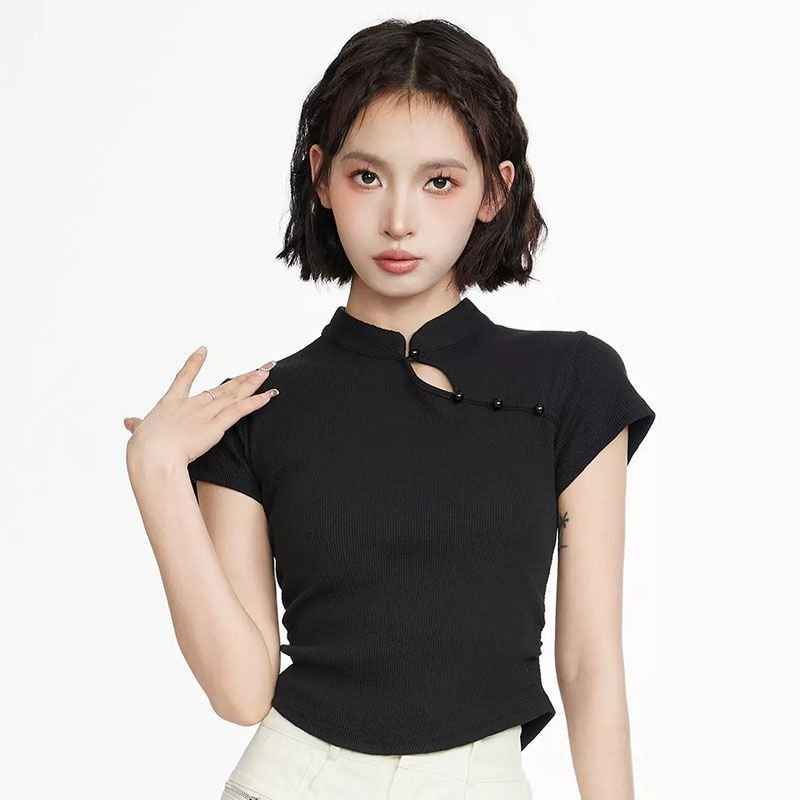 New Chinese-style Stand-collar Slim-fit Pure Cotton Short-sleeve