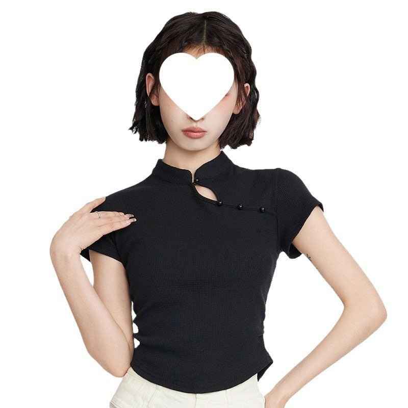 New Chinese-style Stand-collar Slim-fit Pure Cotton Short-sleeve