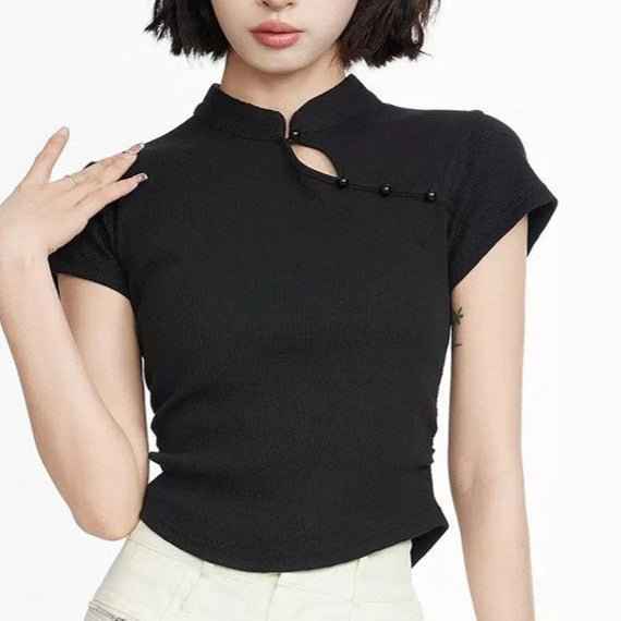 New Chinese-style Stand-collar Slim-fit Pure Cotton Short-sleeve