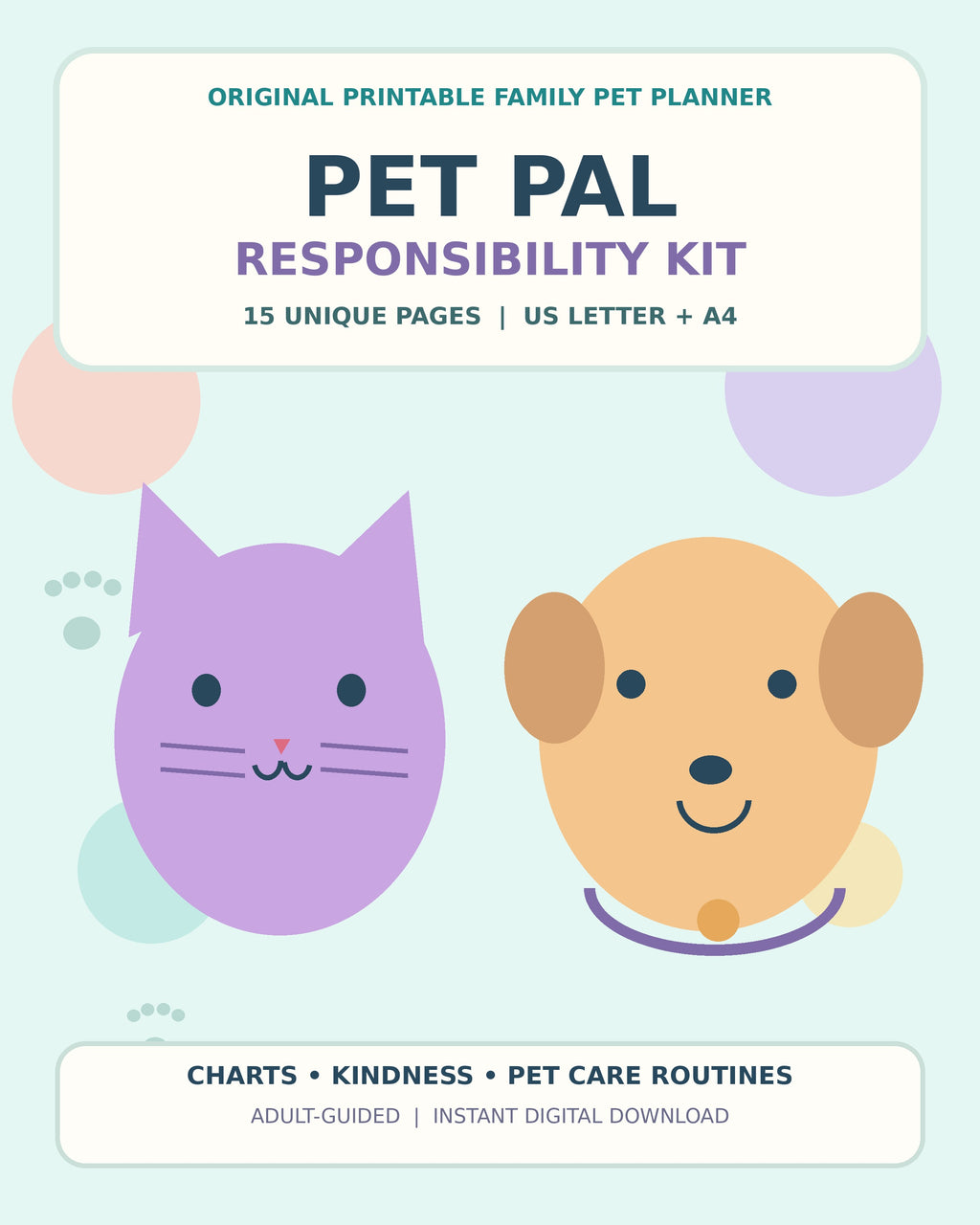 Pet Pal Responsibility Kit illustrated printable pet helper workbook cover with cat and dog