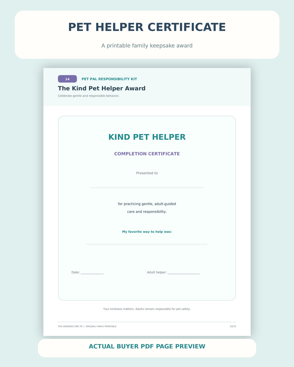 Actual Kind Pet Helper Award printable certificate from Pet Pal PDF