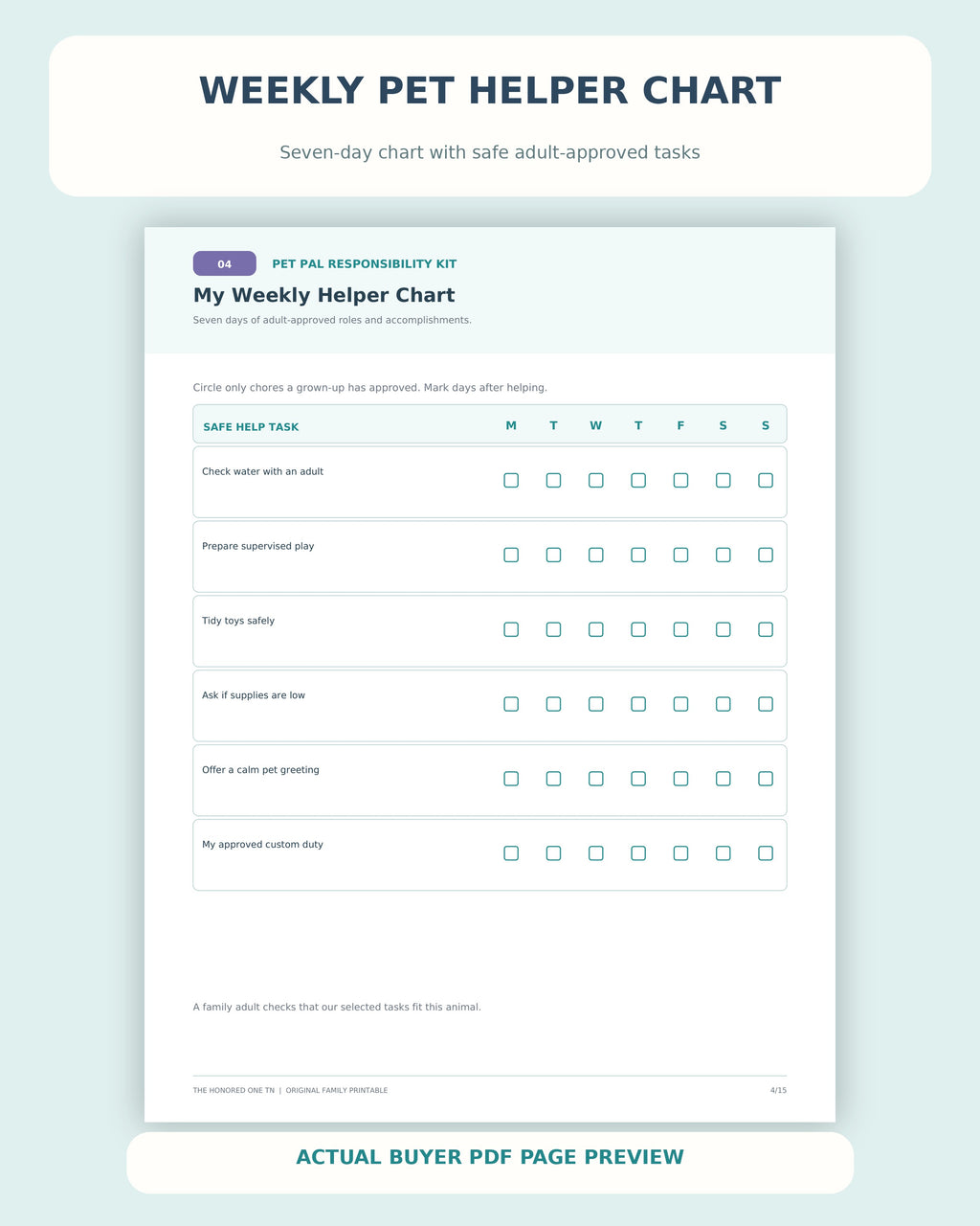 Actual Pet Pal 7 day pet helper responsibility chart page 4 of buyer PDF