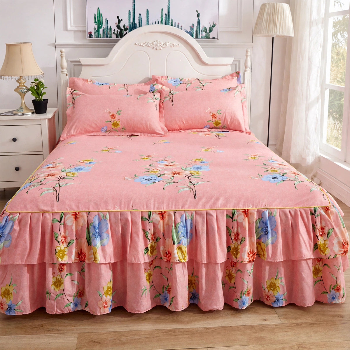 Luxury Floral Ruffle Bed Skirt Set - Double Ruffle Bedspread with 4 Pillowcases - Pink Floral Bedding Set - Soft Breathable Bed Skirt Cover