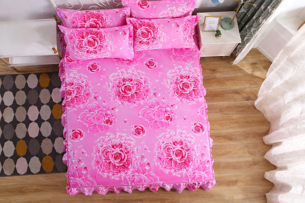 Luxury Floral Ruffle Bed Skirt Set - Double Ruffle Bedspread with 4 Pillowcases - Pink Floral Bedding Set - Soft Breathable Bed Skirt Cover