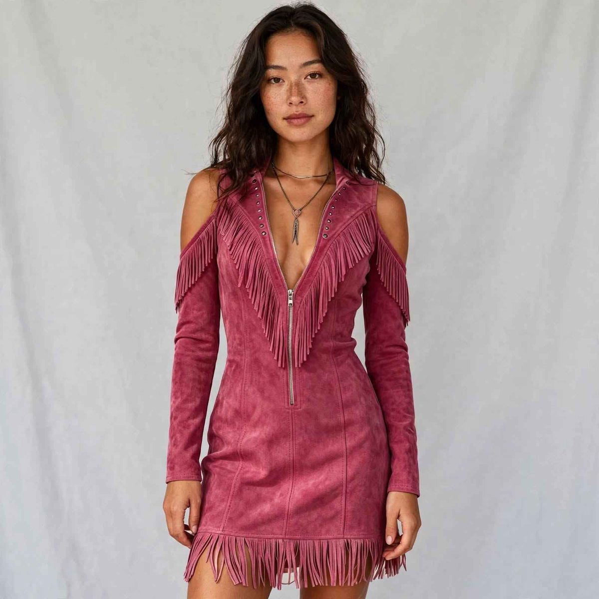 Retro Western Slim Fit Wrap Dress with Tassel, Zipper Front, Fringe & V-Neck