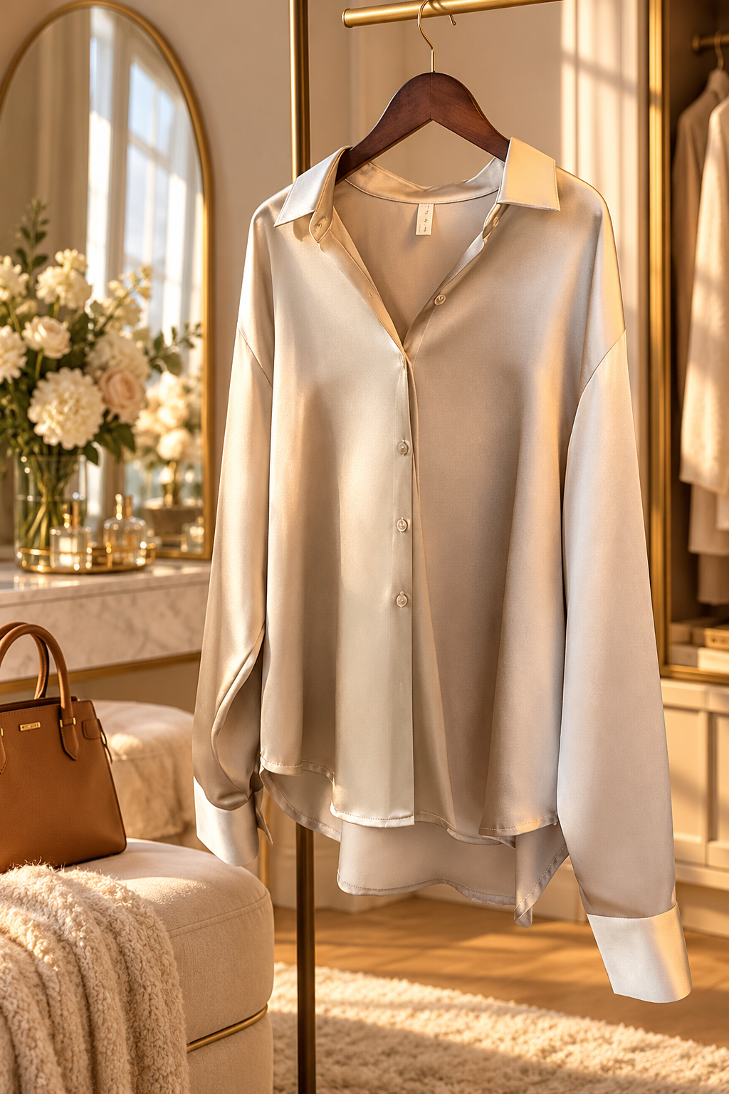 Pearl white satin long sleeve blouse in elegant dressing room lifestyle photograph