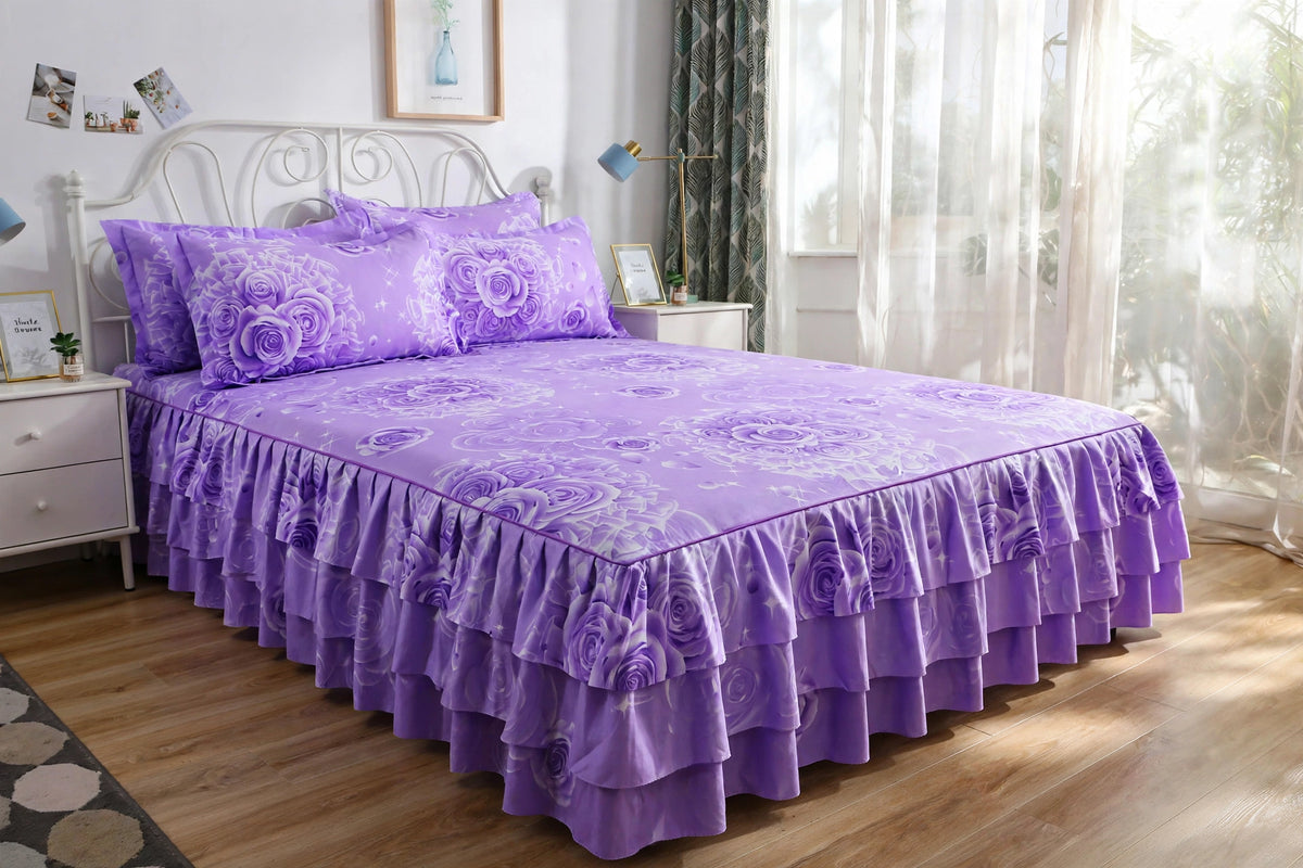 Luxury Floral Ruffle Bed Skirt Set - Double Ruffle Bedspread with 4 Pillowcases - Pink Floral Bedding Set - Soft Breathable Bed Skirt Cover