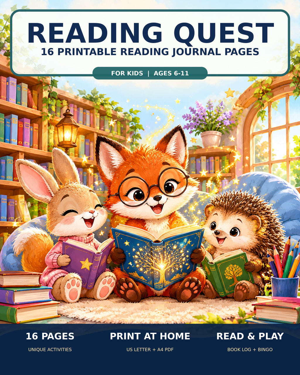 Reading Quest cover 16 printable reading journal pages with fox bunny and hedgehog