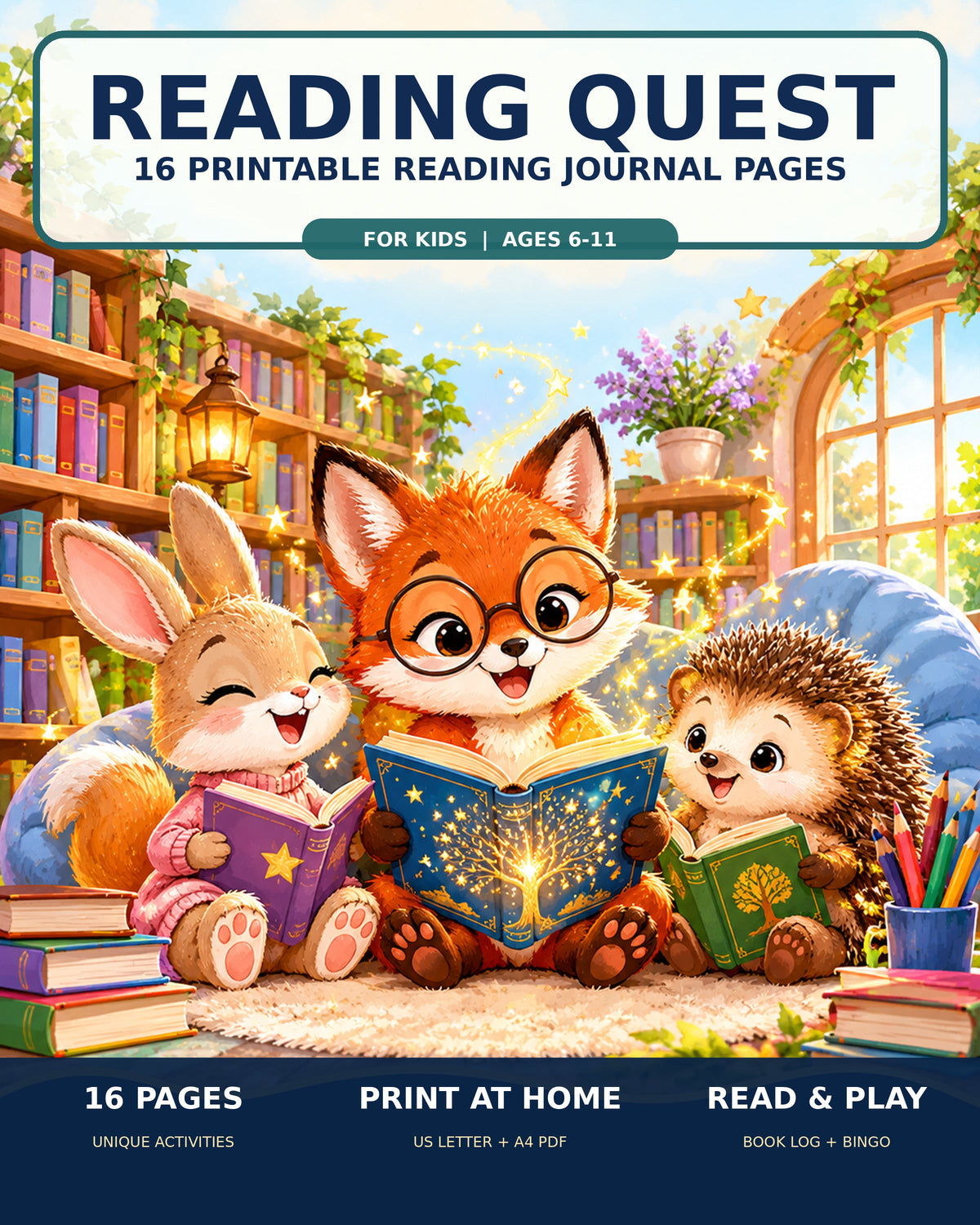 Reading Quest cover 16 printable reading journal pages with fox bunny and hedgehog