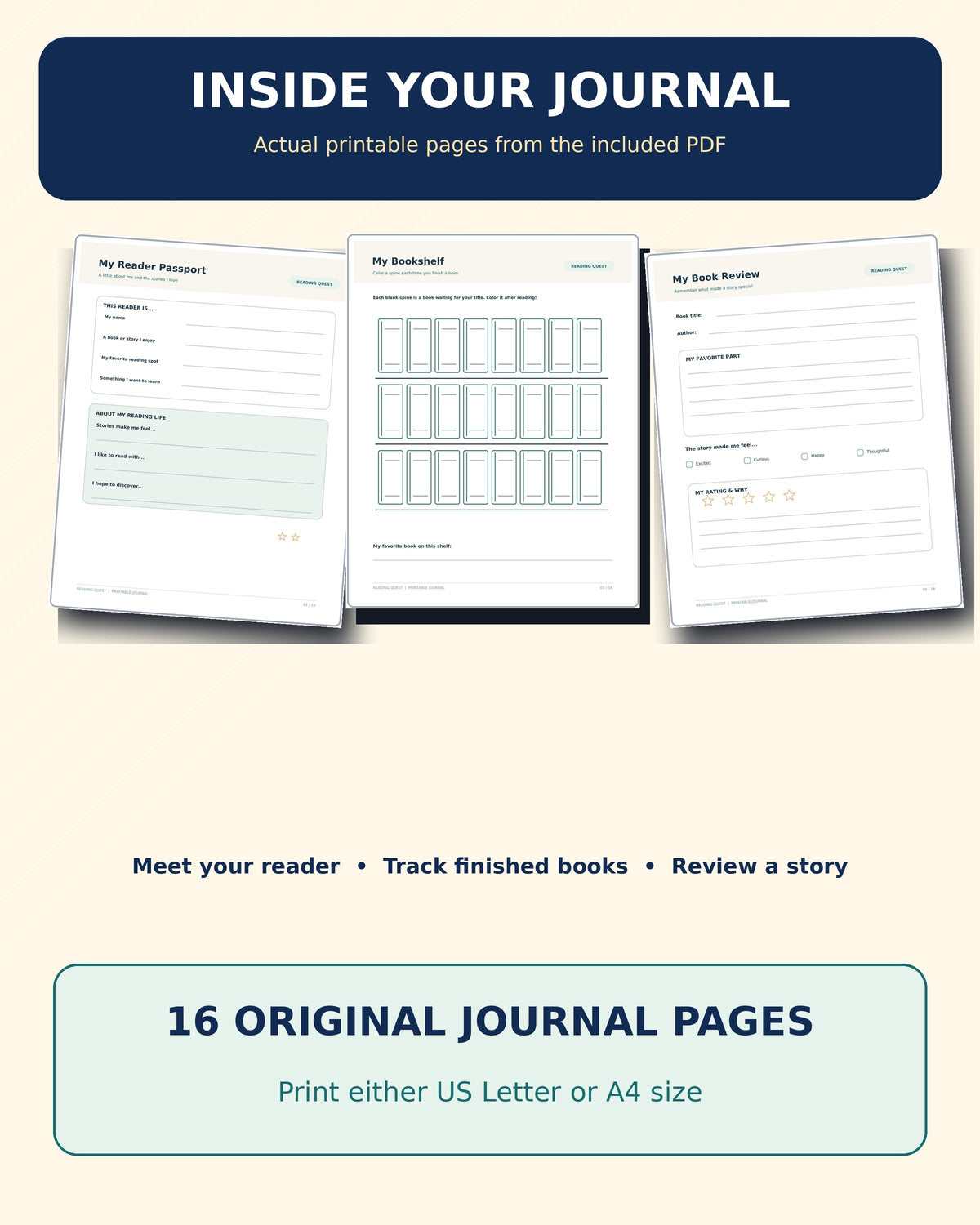Reading Quest real printable reader passport bookshelf tracker and book review pages