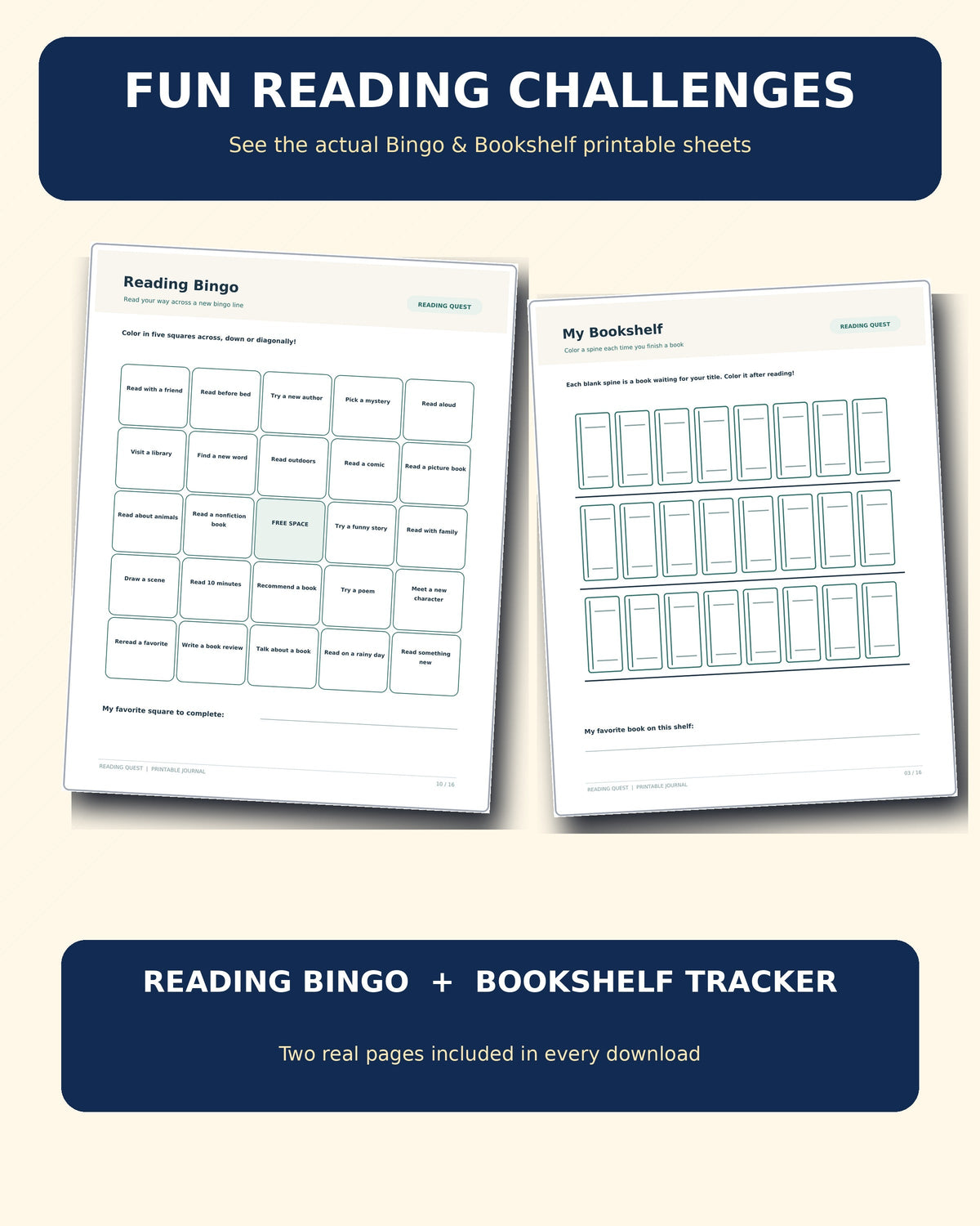 Reading Quest reading bingo and bookshelf tracker actual included PDF pages