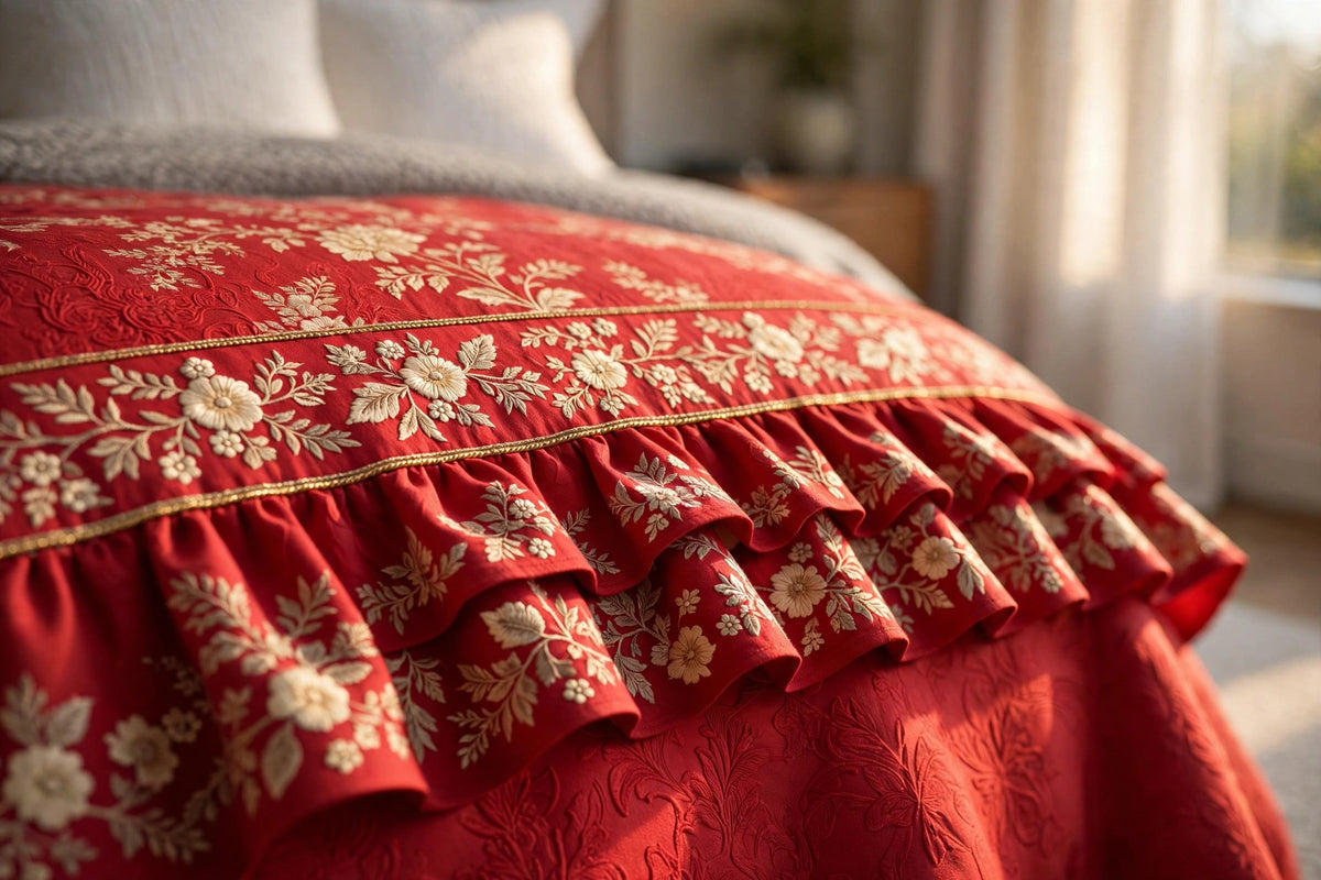 Luxury Floral Ruffle Bed Skirt Set - Double Ruffle Bedspread with 4 Pillowcases - Pink Floral Bedding Set - Soft Breathable Bed Skirt Cover