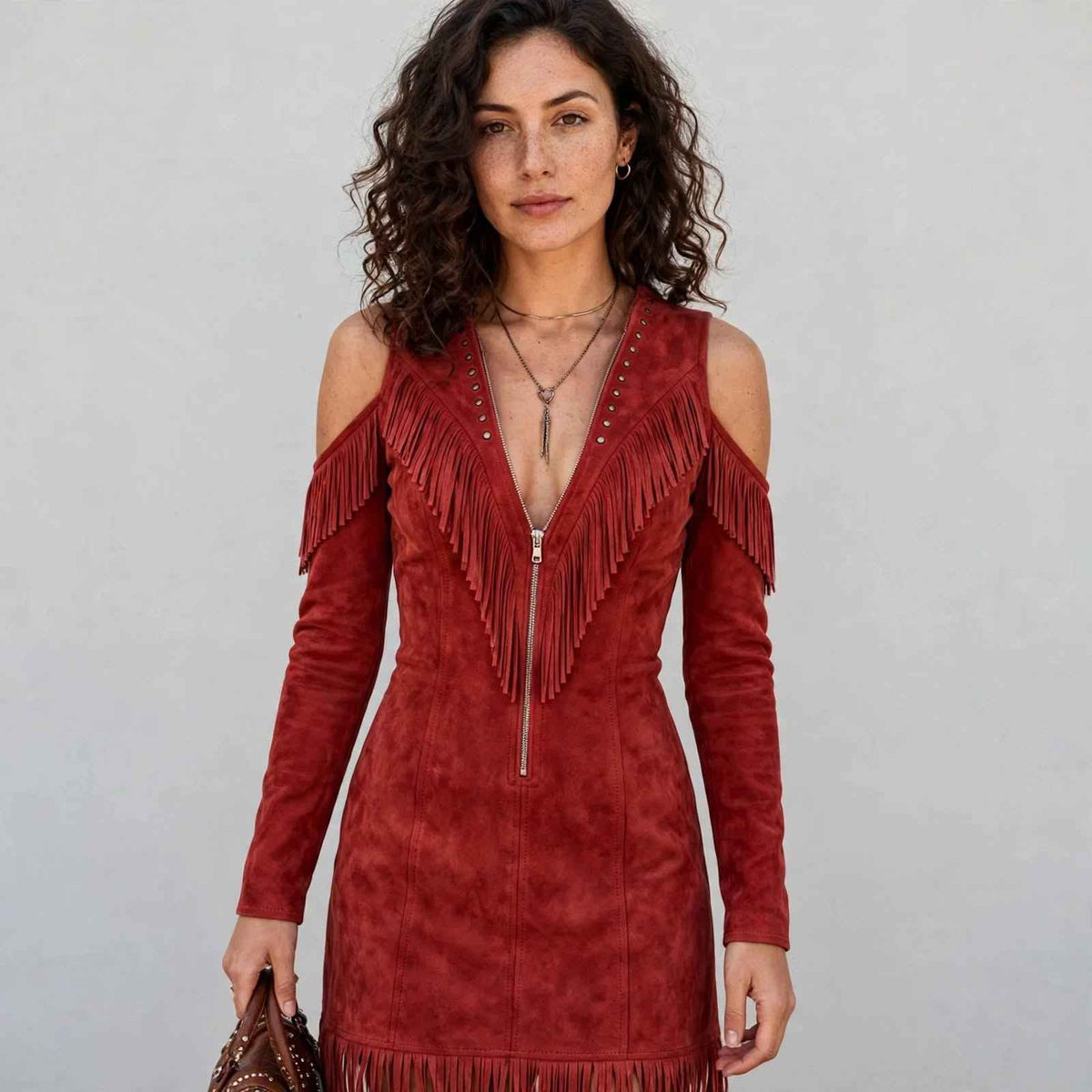 Retro Western Slim Fit Wrap Dress with Tassel, Zipper Front, Fringe & V-Neck