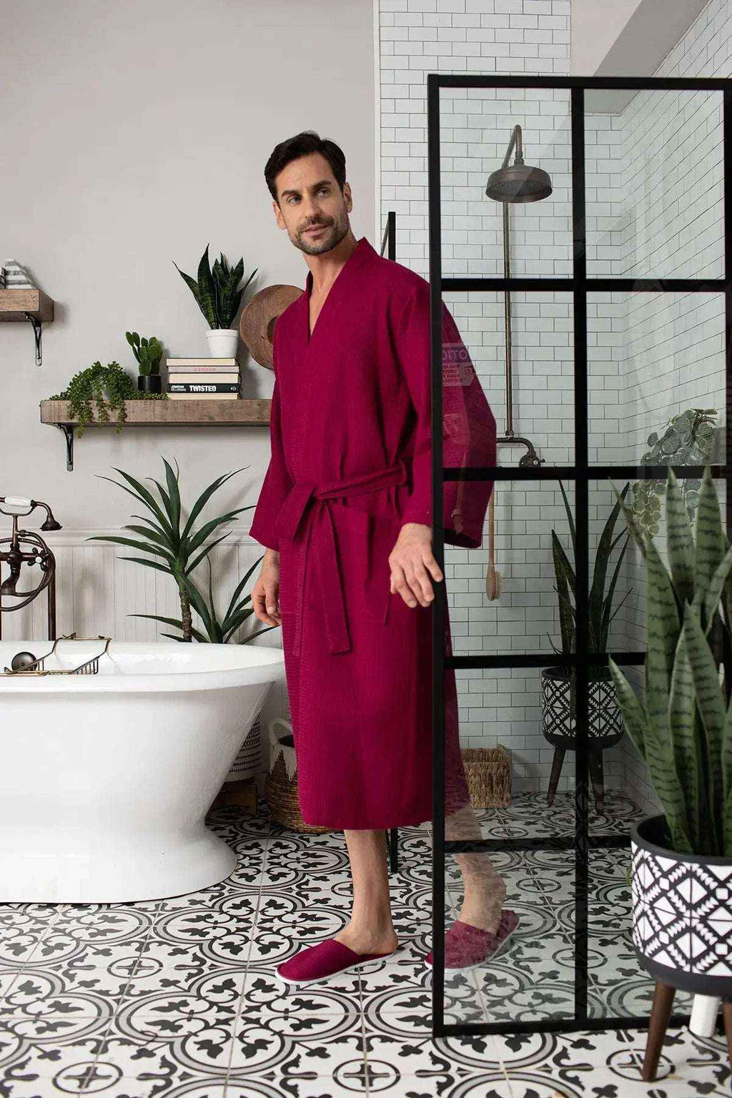 Men's Waffle Spa Bathrobe - Quick Dry, Lightweight Kimono