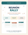 Promotional cover for Reunion Rally with 6 original printable family reunion games and US Letter A4 sizes