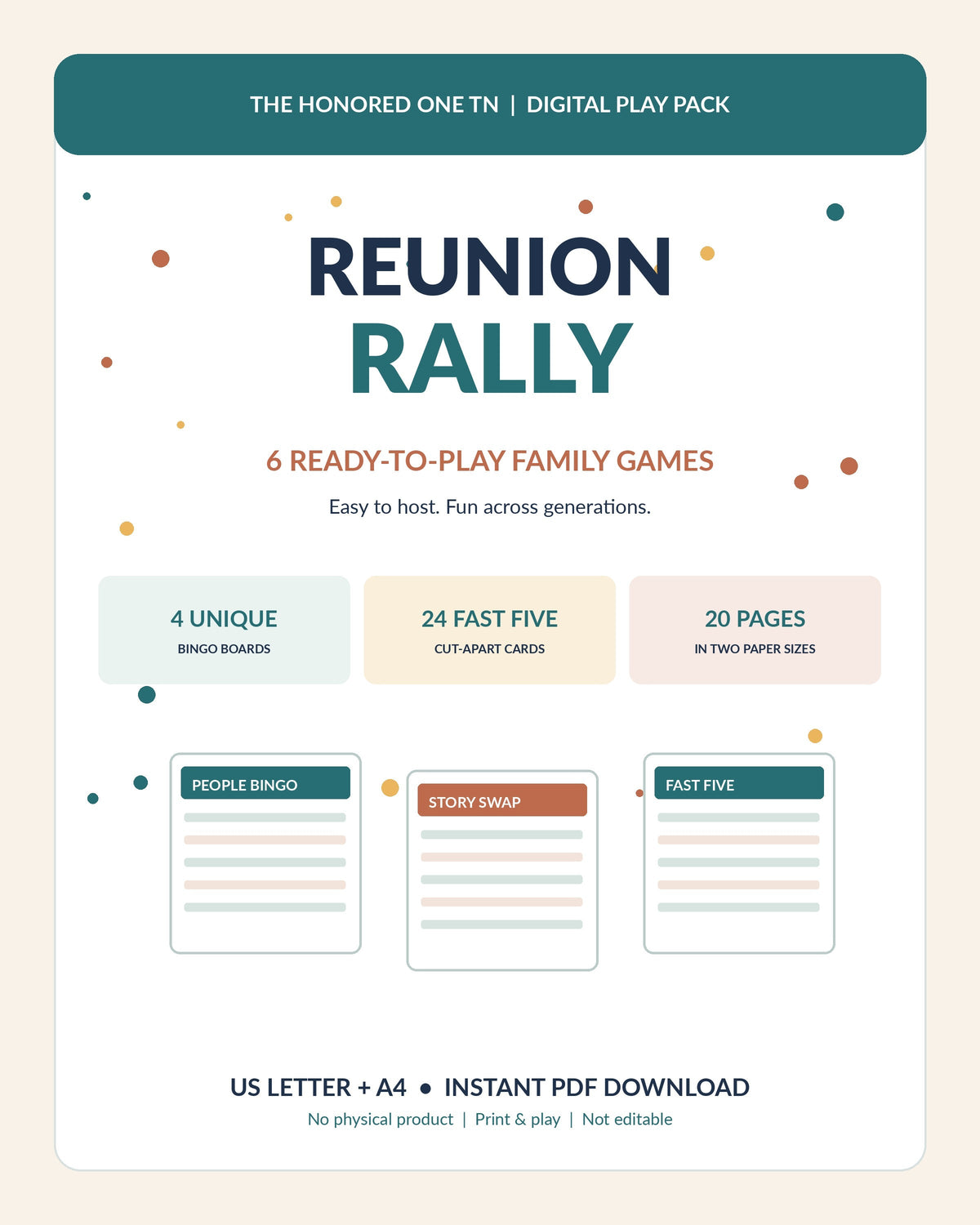 Promotional cover for Reunion Rally with 6 original printable family reunion games and US Letter A4 sizes