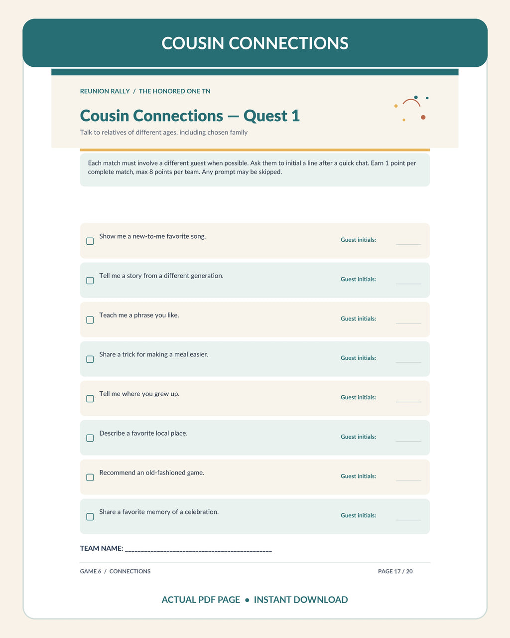 Actual page 17 of Reunion Rally PDF with Cousin Connections family conversation challenge