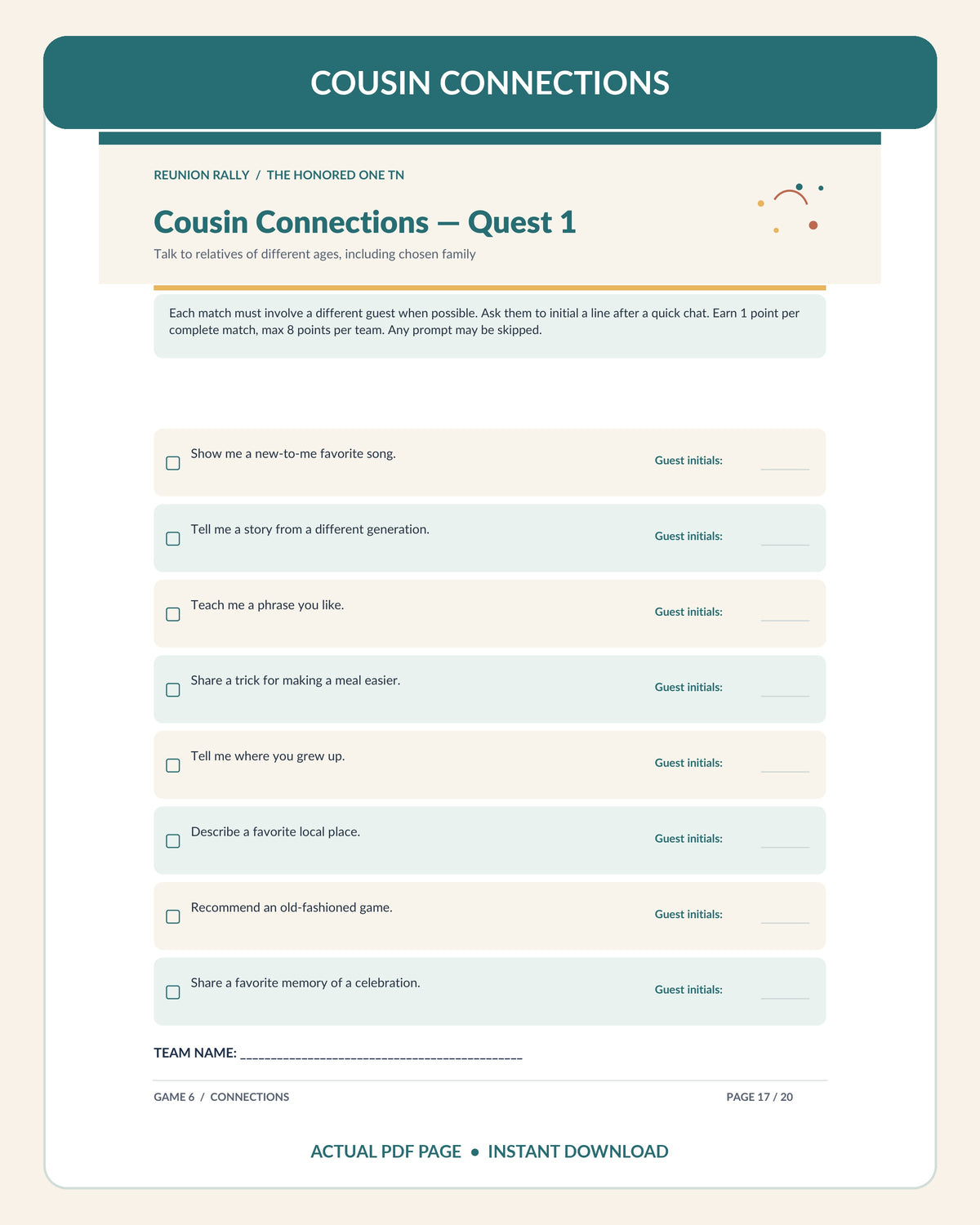 Actual page 17 of Reunion Rally PDF with Cousin Connections family conversation challenge