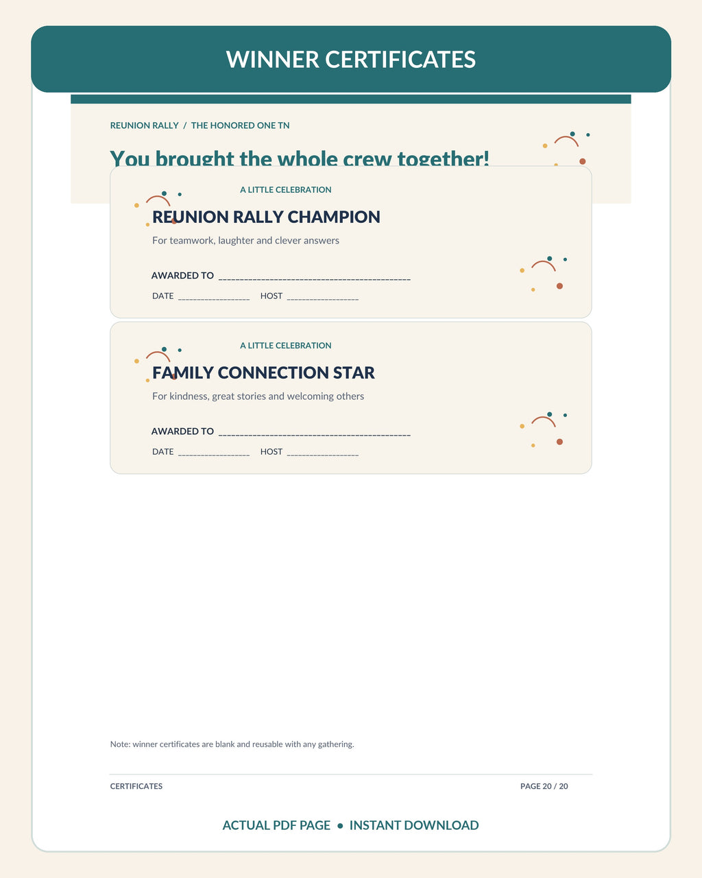 Actual page 20 of Reunion Rally PDF showing two printable family reunion certificates