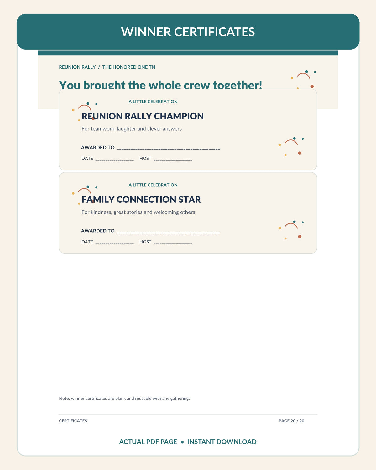 Actual page 20 of Reunion Rally PDF showing two printable family reunion certificates