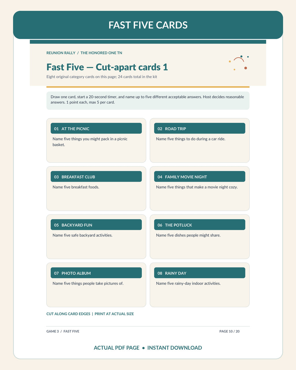 Actual page 10 of Reunion Rally printable PDF with eight Fast Five game cards