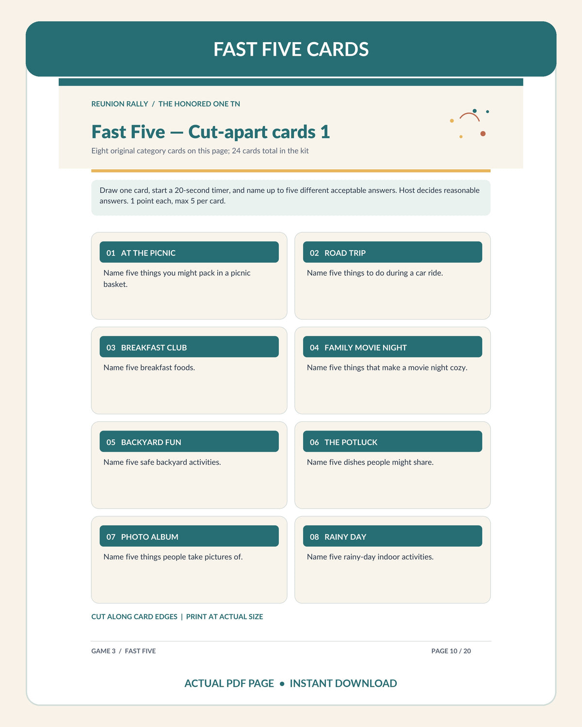 Actual page 10 of Reunion Rally printable PDF with eight Fast Five game cards