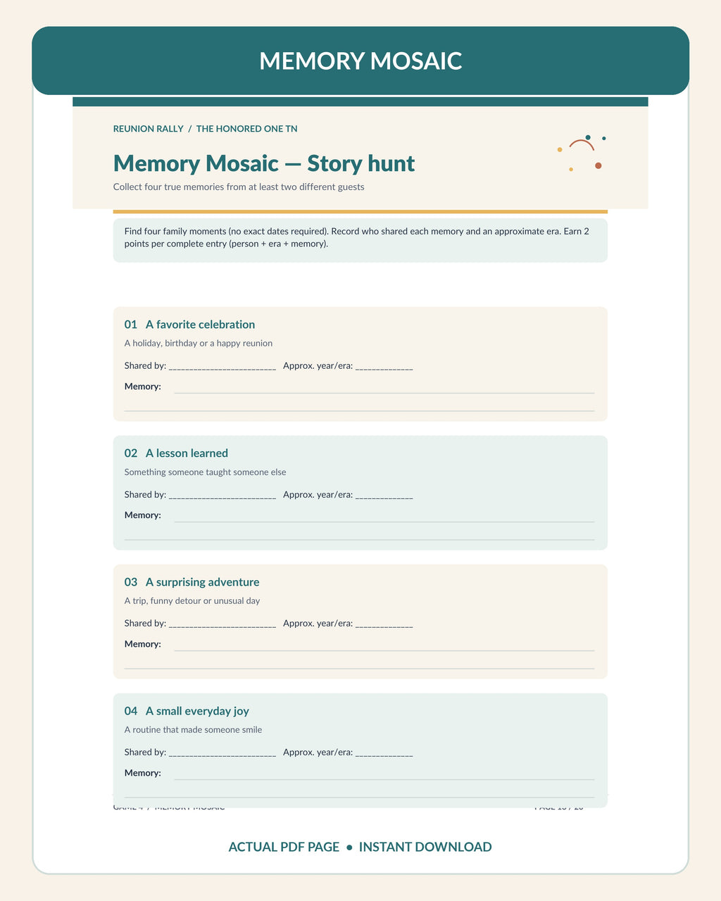 Actual page 13 of Reunion Rally PDF with the four-memory family Story Hunt worksheet