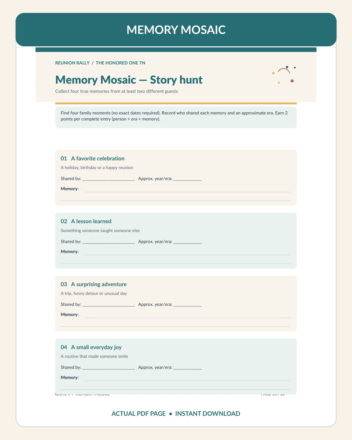 Actual page 13 of Reunion Rally PDF with the four-memory family Story Hunt worksheet